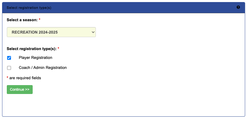 registration page with recreation 2024-2025 and registration type for player or coach